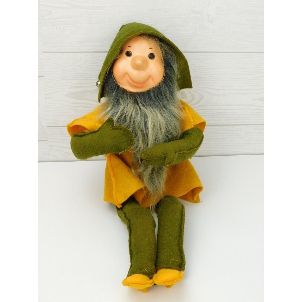 20" Large Vintage Knee Hugger Felt Gnome Elf Green & Yellow Autumn Christmas